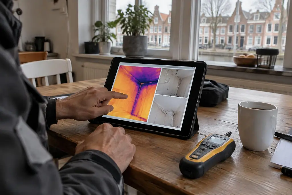Lekdetectie Benschop – lekdetectierapport met warmtebeelden en foto's op een tablet