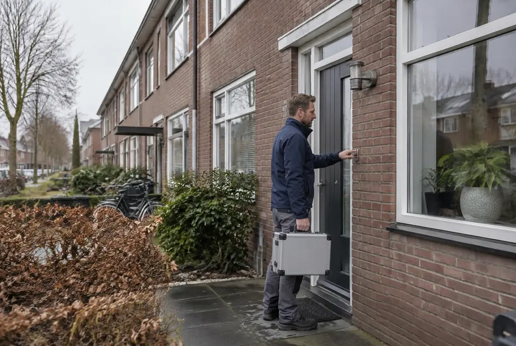 Lekdetectiespecialist met meetkoffer bij de voordeur van een woning in Benschop