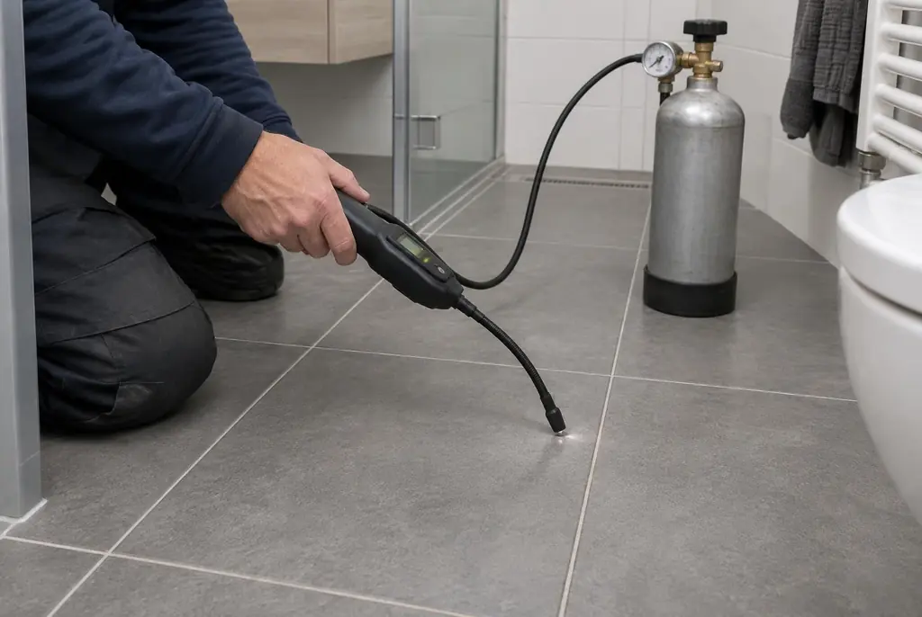 Lekdetectie Benschop – technicus spoort met tracergas een lekkage op in de vloer